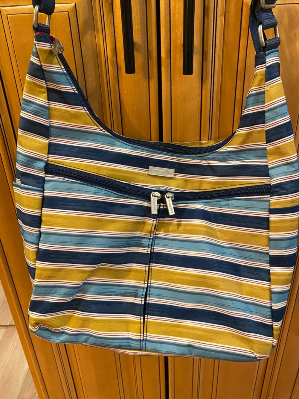 Bagallini Striped Shoulder Bag in Navy, Mustard White & Light Blue